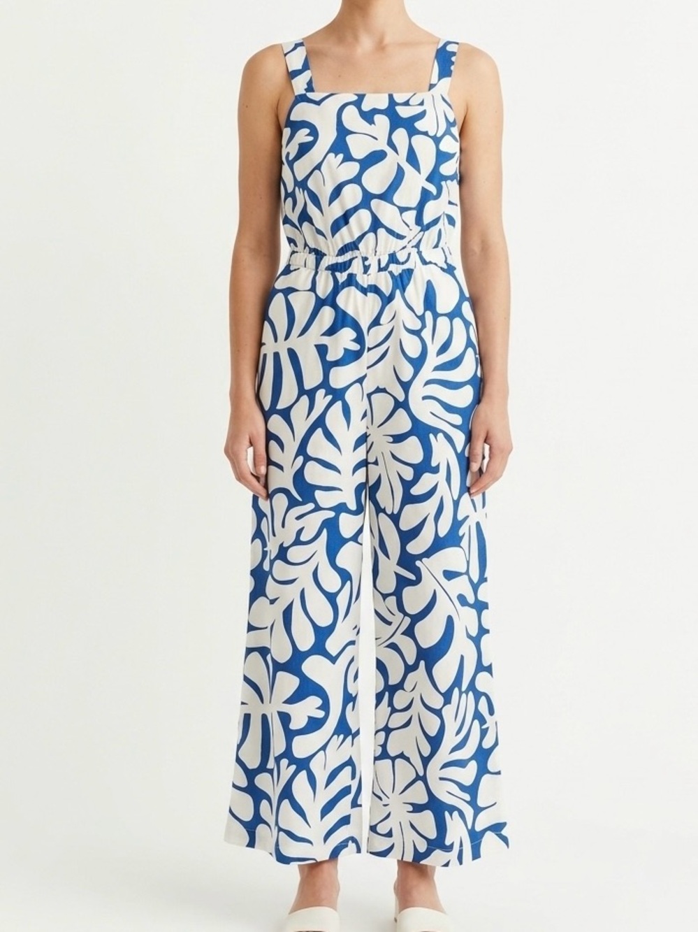 Sonoma Goods For Life Blue Monstera Wide Leg Jumpsuit Size M Coastal Resortwear